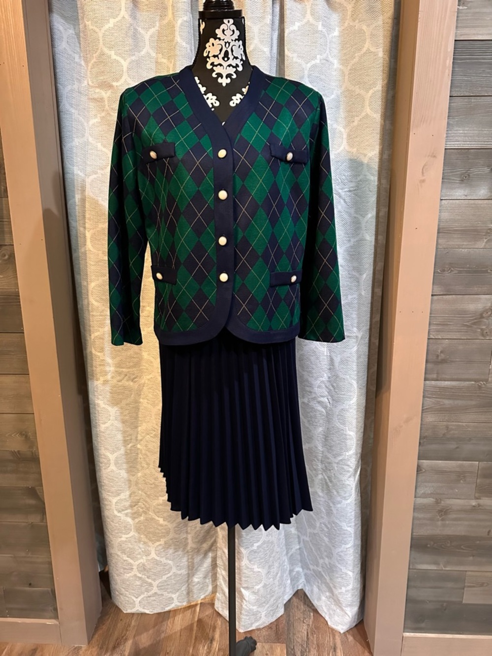 Vintage Pablo Collection Navy/ Green Argyle Cardigan Jacket with Pleated Skirt